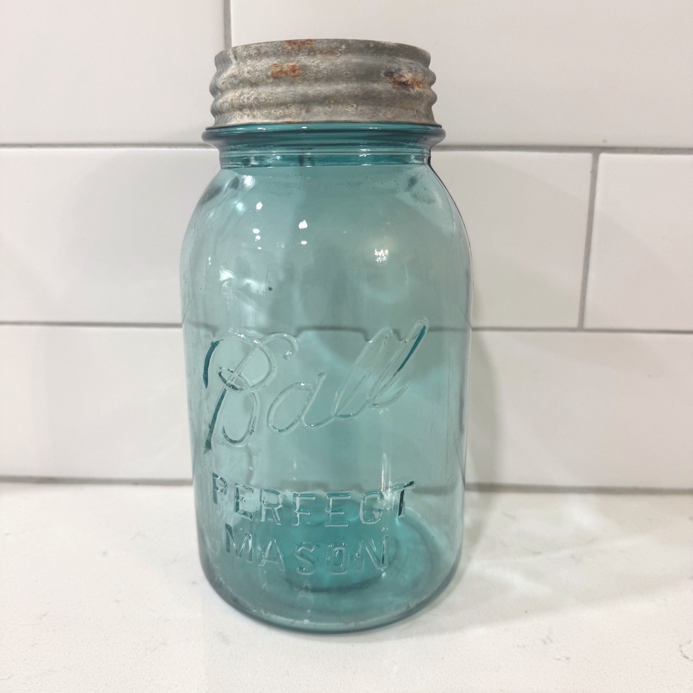 Vintage Ball Perfect Mason Jar Aqua Blue Glass Quart Size with Zinc Lid #8